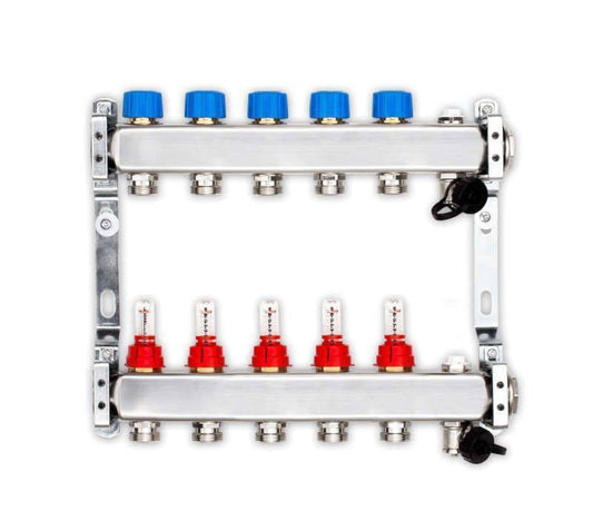 Edelstahlverteiler für FbH mit 5 Heizkreisen