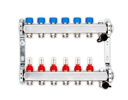 Edelstahlverteiler für FbH mit 6 Heizkreisen